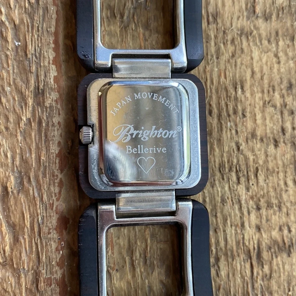 BRIGHTON Bellerive silver and wood etched square‎ chunky link watch